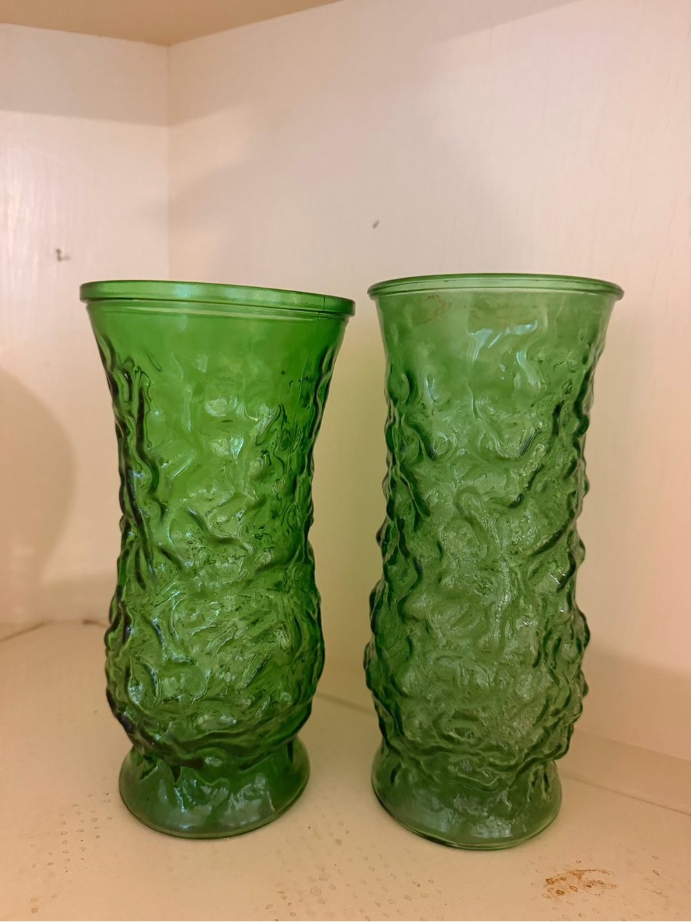 Vintage EO Brody Green Textured Glass Vases Pair
